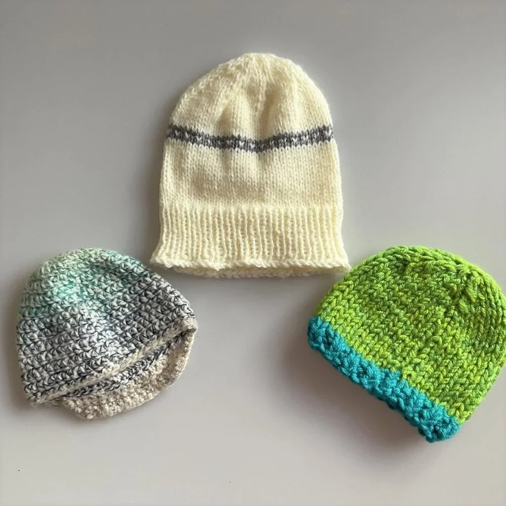 Lot of 3 Handmade Knit & Crochet Baby Beanie Hats – Unisex